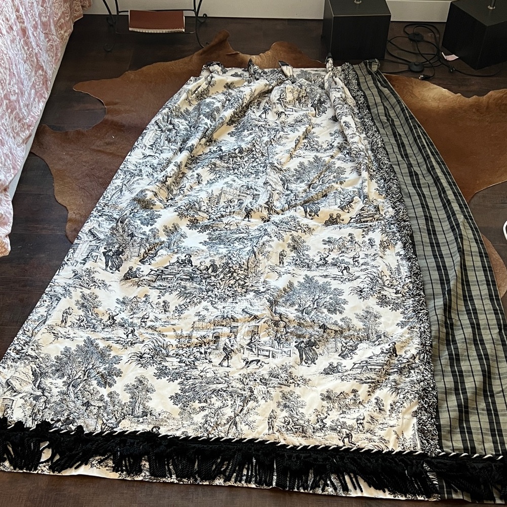 4- Linen Bouvier French Country Black & White Lined Toile & Plaid Curtain Panels